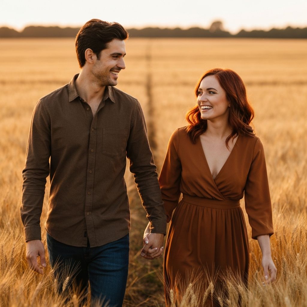 Couple walking through golden wheat field